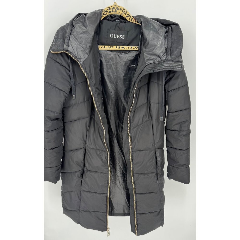 Guess Womens Black Puffer Coat With Hood & Zip Closure Size S